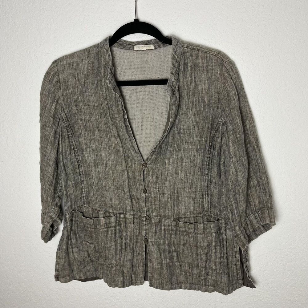 Eileen Fisher Shirt Womens Petite Medium Linen Button Front Peplum Jacket Top